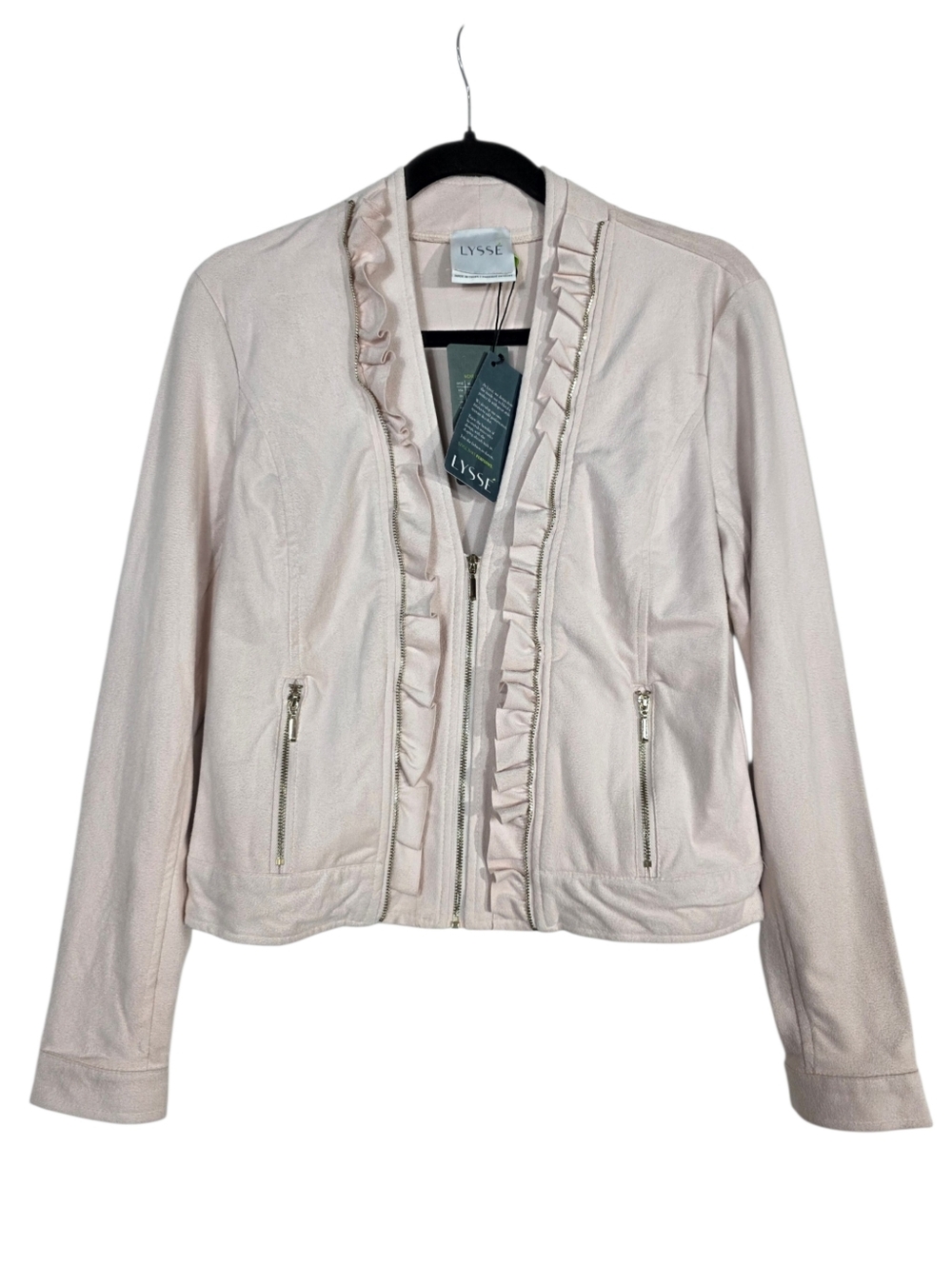 Lysse Soft Faux Suede Pale Pink Ruffle Front Zip Jacket